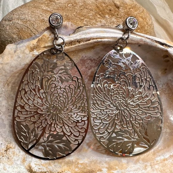 Silver Peony Flower Rhinestone Earrings - Picture 2 of 2